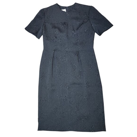 Vintage 70s Dress Black Embossed Floral Short Sleeve Pencil Knee‎ Length 10 M - Picture 13 of 13